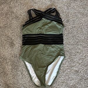 Olive Green One-Piece Swimsuit with Black Striped Waistband
